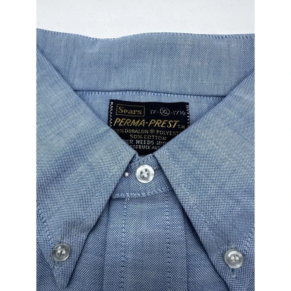 Vintage Sears Perma-Prest Oxford‎ Button Up Shirt Mens 17 XL Blue Deadstock NOS